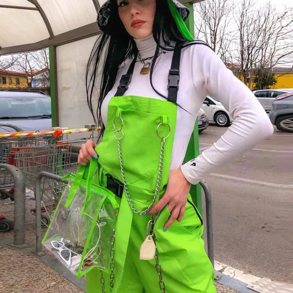 Neon green cargo jumpsuit chain buckle - Picture 1 of 6